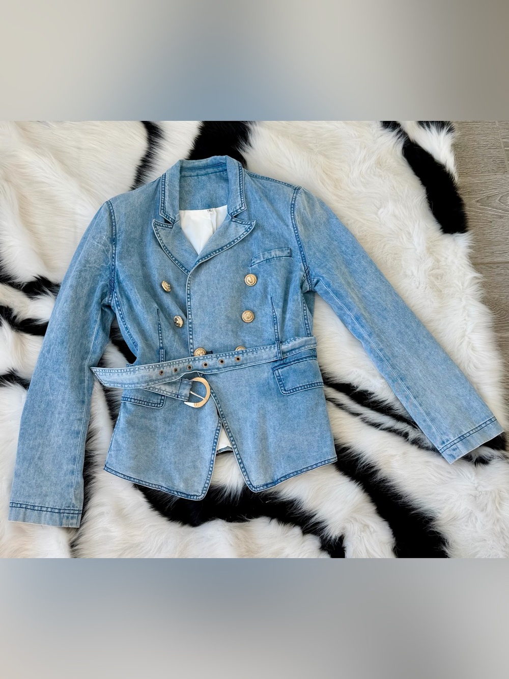 Balmain Inspired Denim Double-Breasted Belted Blazer | approximately US Size 4 - Picture 2 of 5